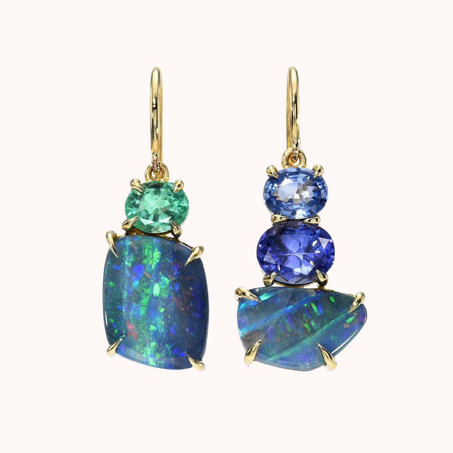 Australian Opal Earrings by NIXIN Jewelry in 14k gold with emeralds, sapphire and tanzanite.