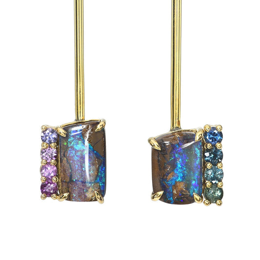 Opal Gold Drop Earrings by NIXIN Jewelry in 14k gold with sapphires and opals.