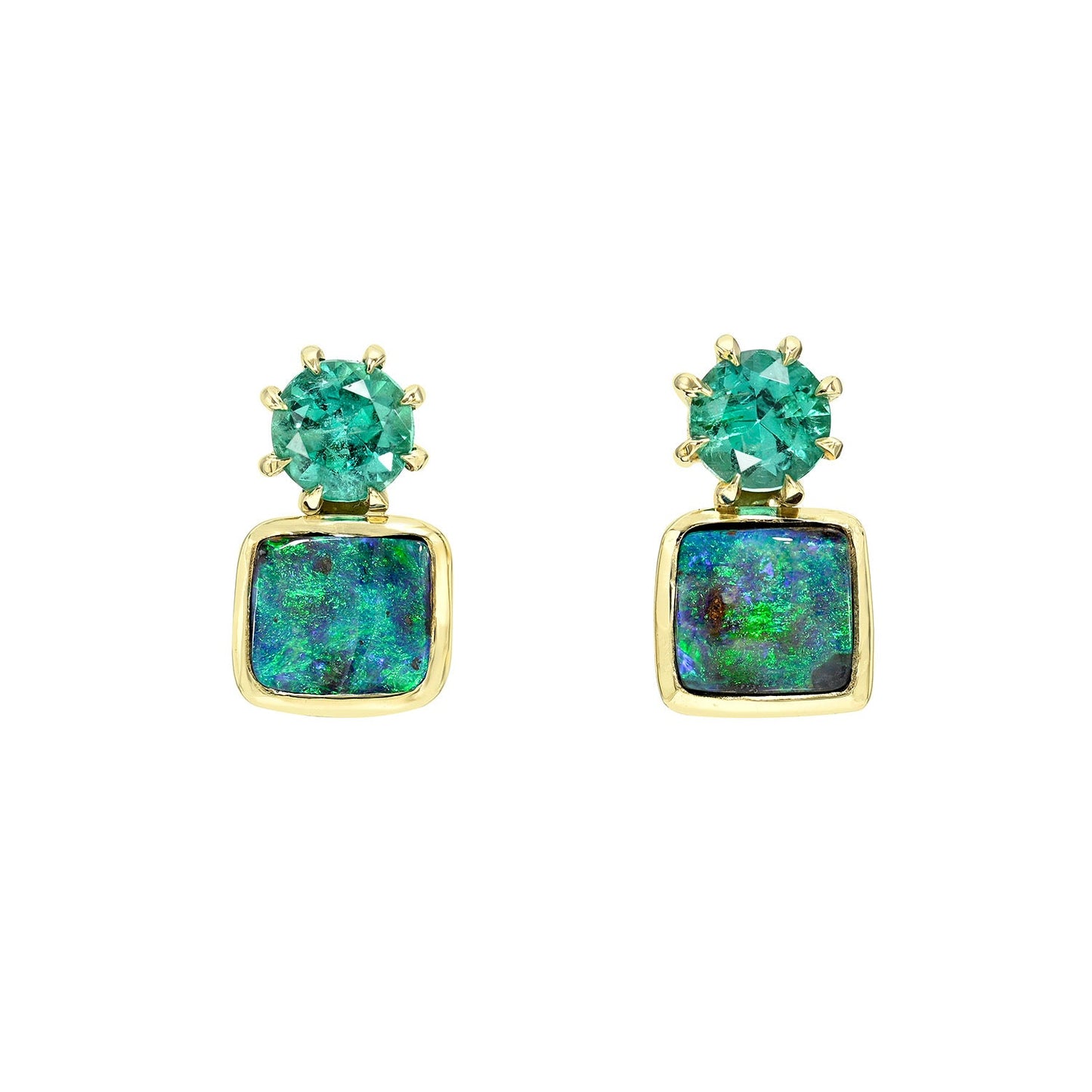 Australian Opal Earrings by NIXIN Jewelry. Unique opal jewelry with boulder opal and emeralds.