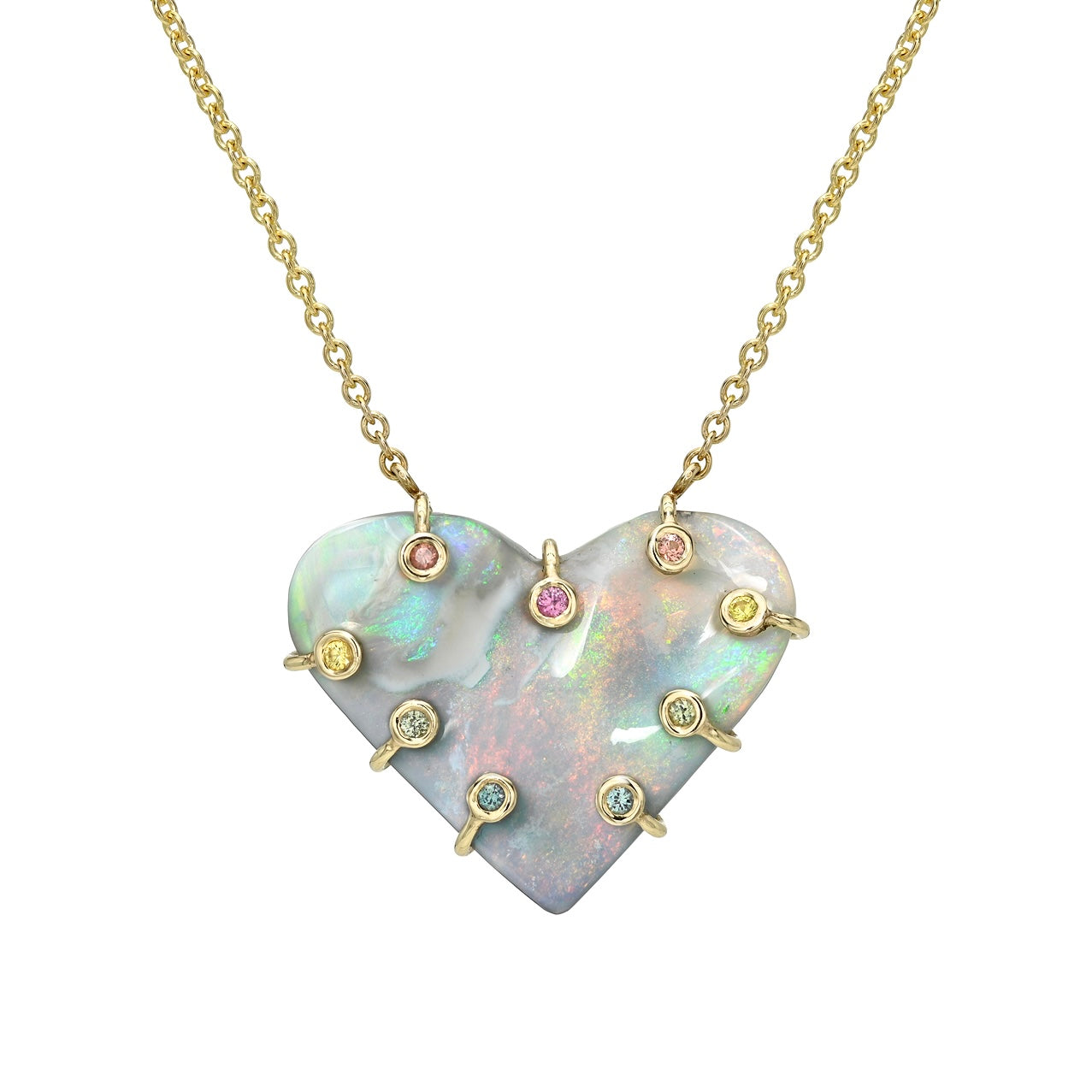 An Australian Opal Necklace by NIXIN Jewelry. The product image features a gold opal necklace with a semi black opal pendant. The opal and sapphire design utilizes a hybrid bezel setting for the colorful accent stones, including pink sapphire and blue sapphire. This women's luxury necklace is an example of unique jewelry.