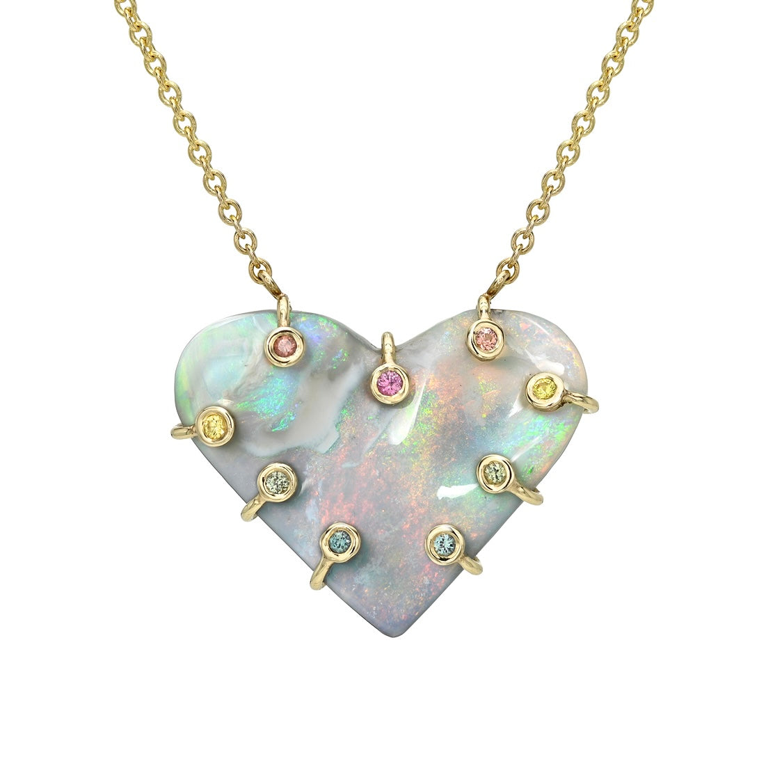 An Australian Opal Necklace by NIXIN Jewelry. The product image features a gold opal necklace with a semi black opal pendant. The opal and sapphire design utilizes a hybrid bezel setting for the colorful accent stones, including pink sapphire and blue sapphire. This women's luxury necklace is an example of unique jewelry.
