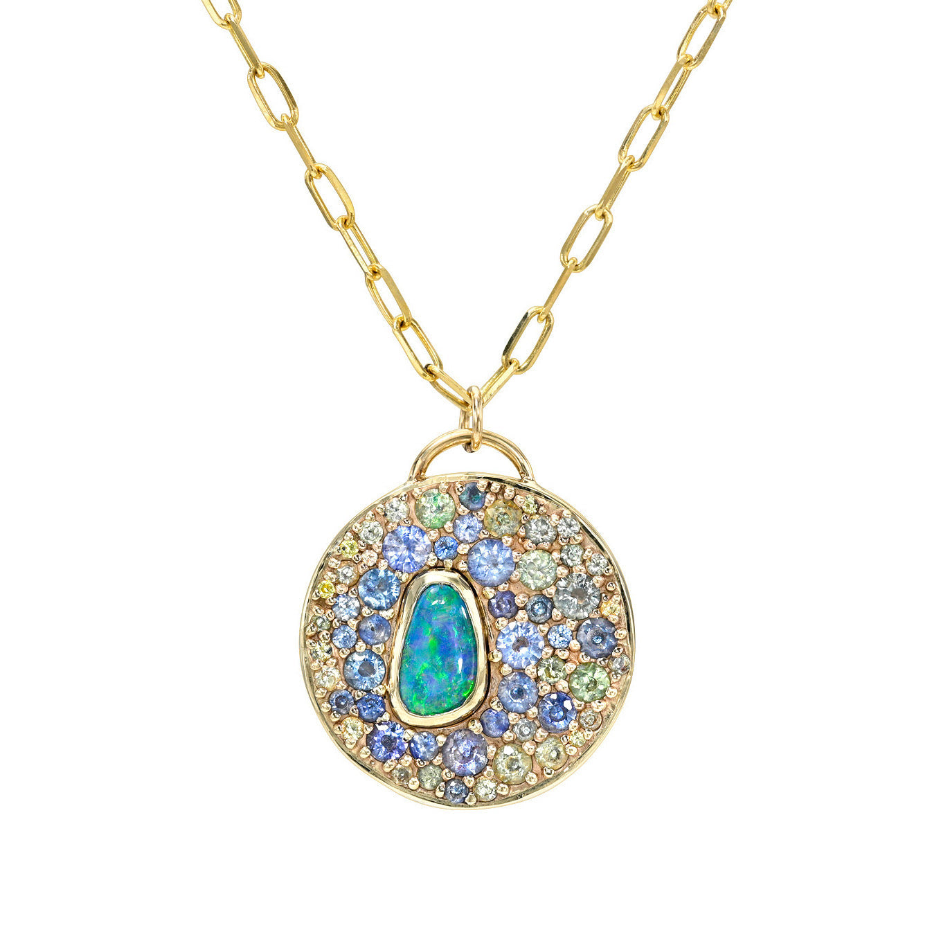 An Australian Opal Necklace by NIXIN Jewelry featuring a bezel-set boulder opal surrounded by blue, teal, and green sapphires. A luxury necklace highlighting a natural opal paired with rare gemstones in an artistic pendant.