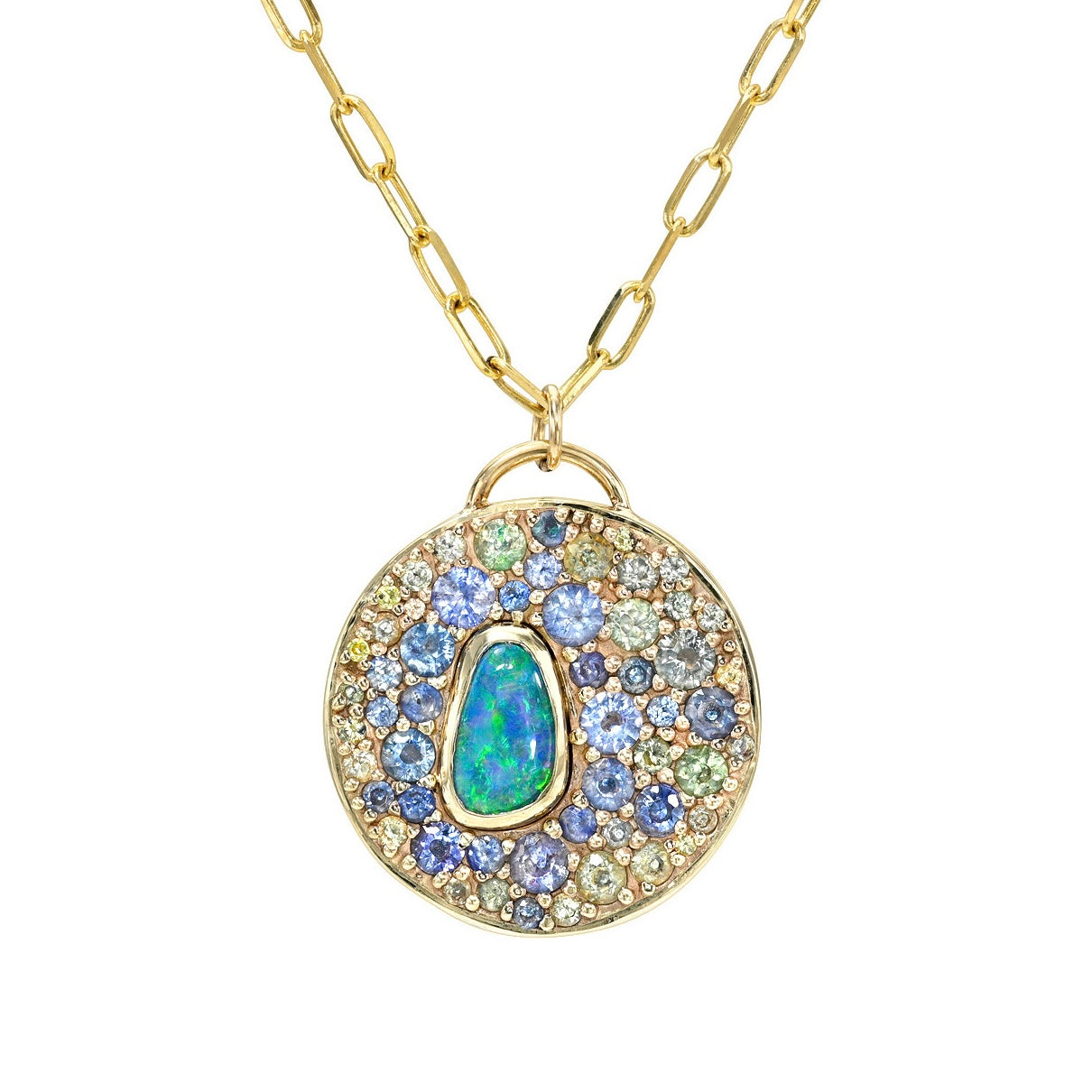An Australian Opal Necklace by NIXIN Jewelry featuring a bezel-set boulder opal surrounded by blue, teal, and green sapphires. A luxury necklace highlighting a natural opal paired with rare gemstones in an artistic pendant.