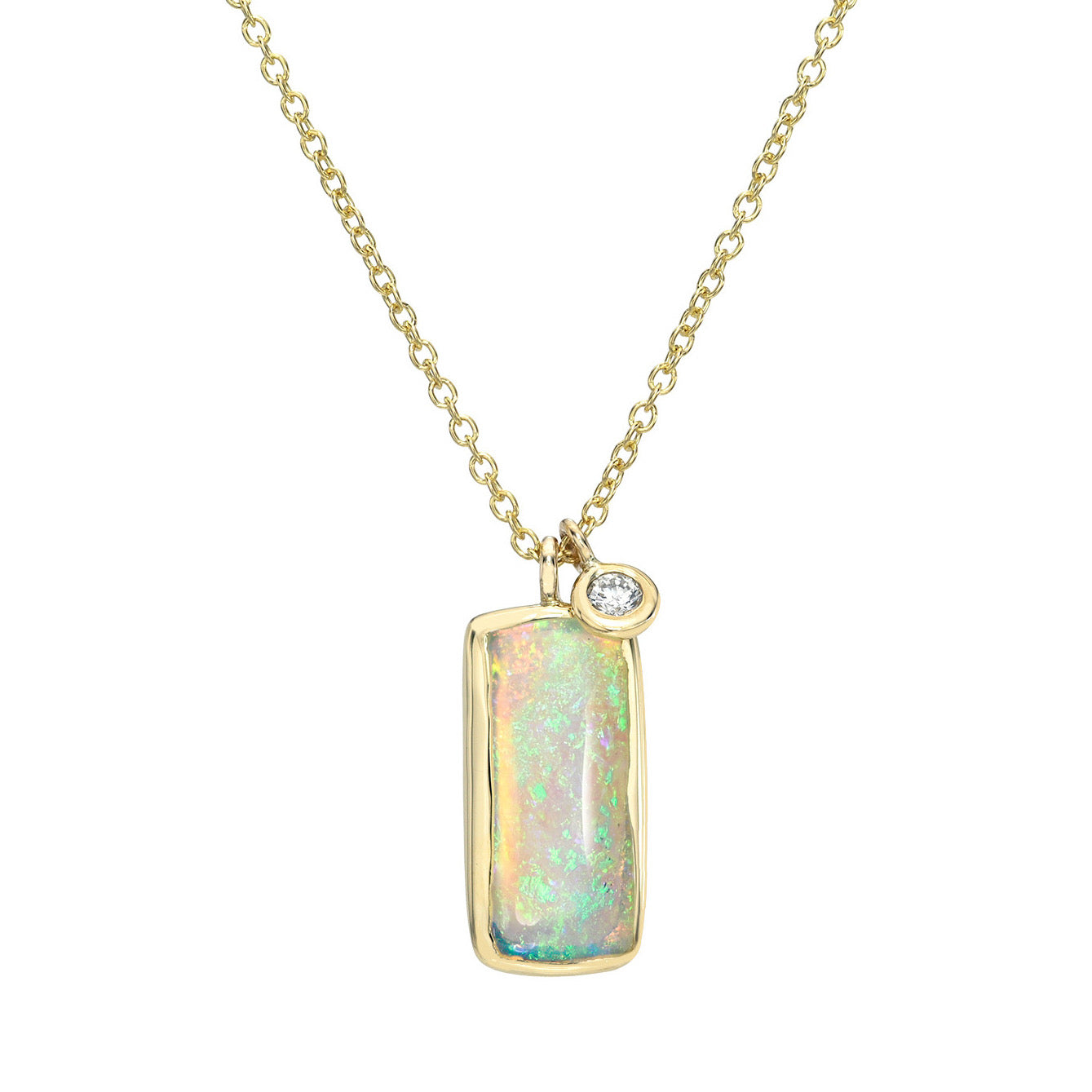 An Australian Opal Necklace by NIXIN Jewelry. Unique fine jewelry featuring a Crystal Opal. The opal pendant is set in a bezel setting on a delicate gold chain - a perfect women's luxury necklace.
