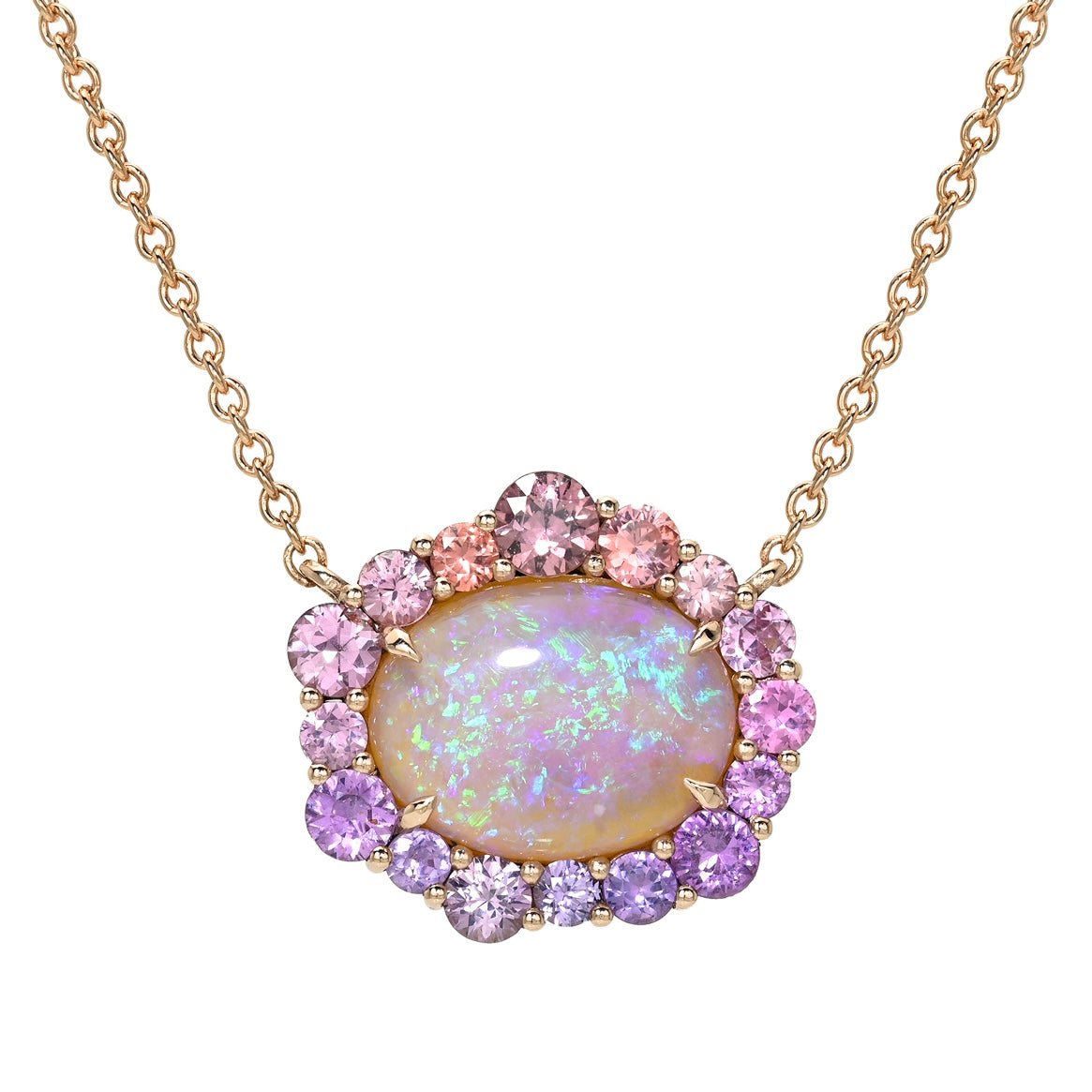 Hanami Australian Opal Necklace by NIXIN Jewelry: pink opal pendant in 14k rose gold with a halo of pink, peach and purple sapphires.