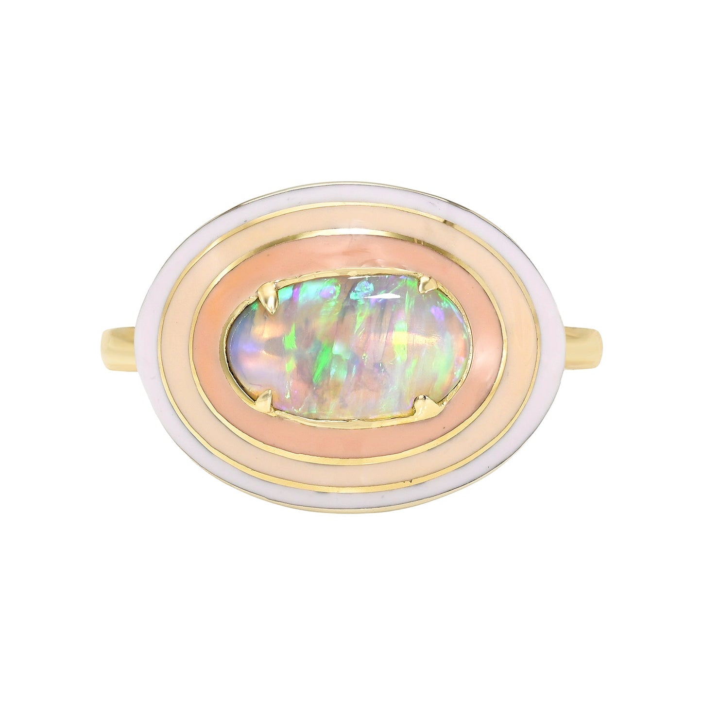 A unique Australian Opal Ring by NIXIN Jewelry, featuring an oval, east-west oriented crystal opal. This luxury ring showcases the stone's vibrant neon green and turquoise flashes, set off by a multi-colored enamel halo.
