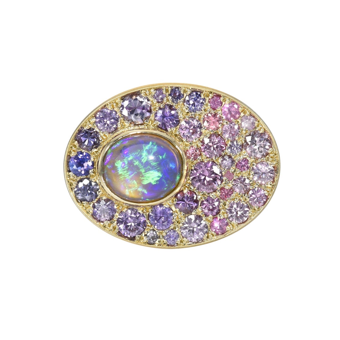 An Australian Opal Ring by NIXIN Jewelry against a white backdrop. Made in 14k yellow gold with a Crystal Opal and sapphires.