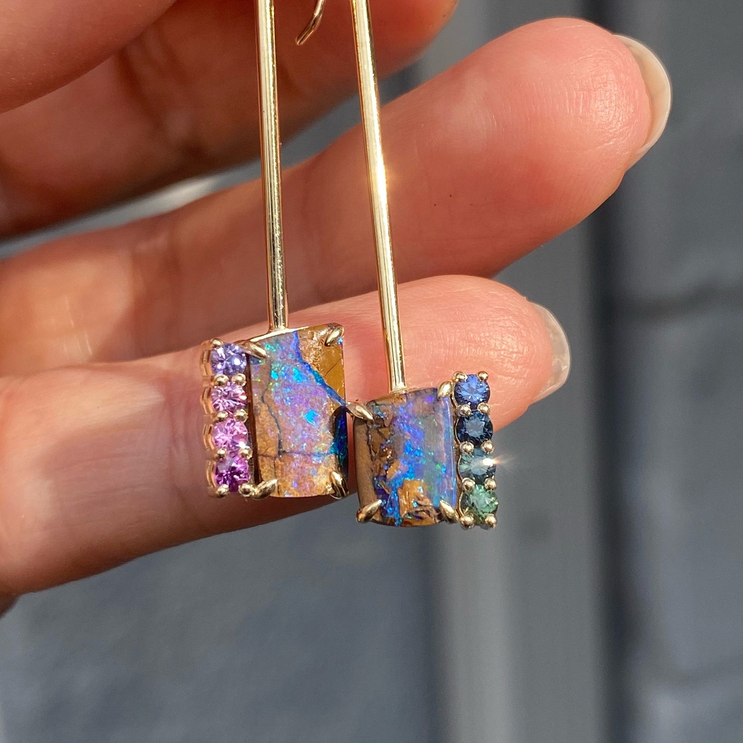 Dusk to Dreams Sapphire and Purple Opal Gold Drop Earrings by NIXIN Jewelry