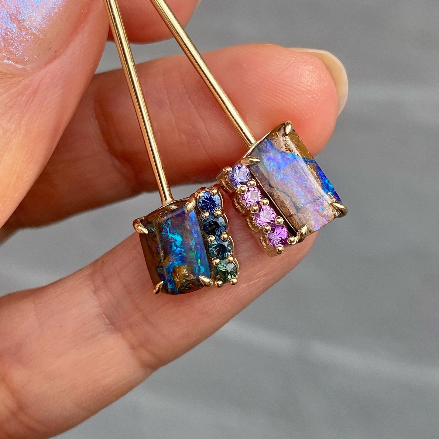 Dusk to Dreams Sapphire and Purple Opal Gold Drop Earrings by NIXIN Jewelry