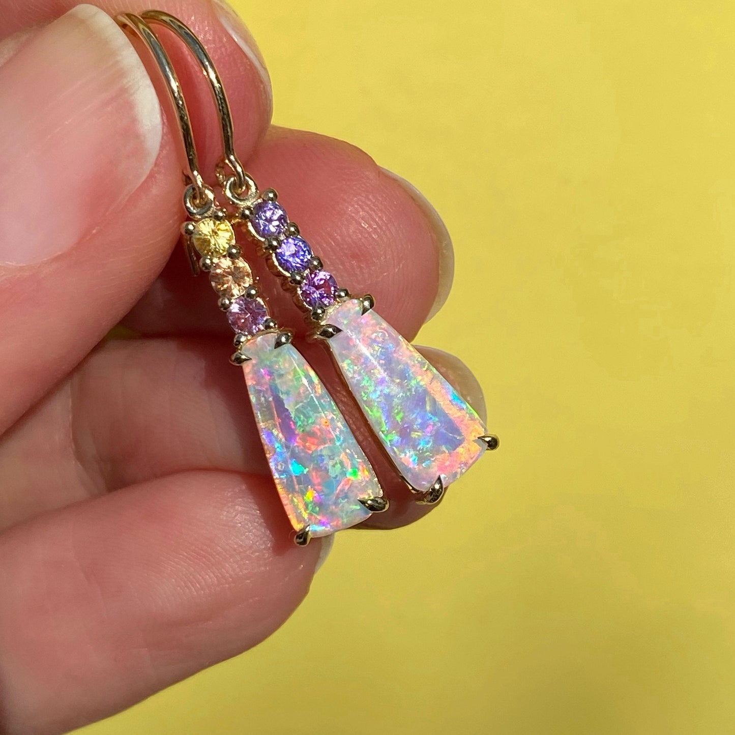 Felicity Sapphire and Crystal Pipe Opal Gold Drop Earrings by NIXIN Jewelry