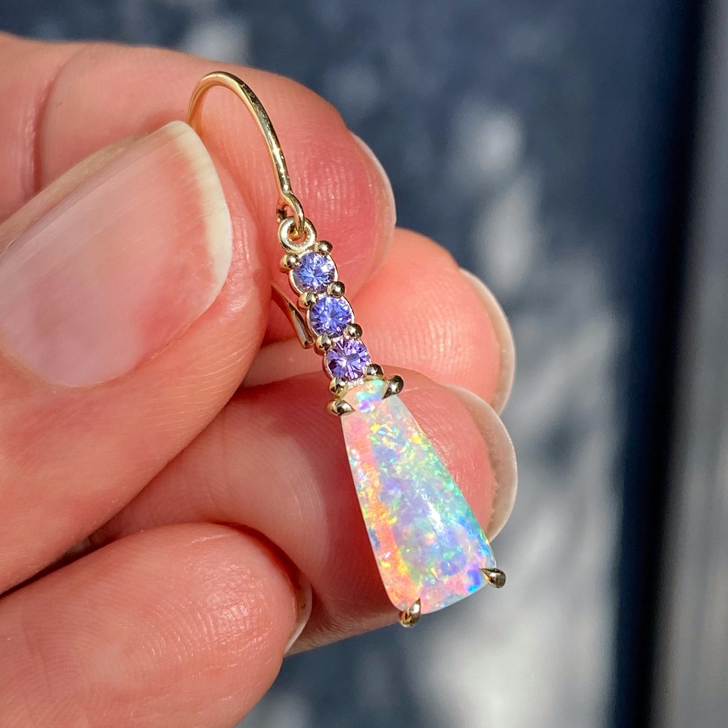 Felicity Sapphire and Crystal Pipe Opal Gold Drop Earrings by NIXIN Jewelry