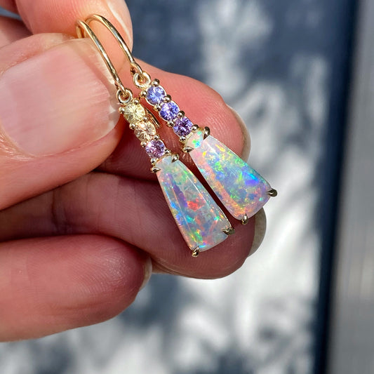 Felicity Sapphire and Crystal Pipe Opal Gold Drop Earrings by NIXIN Jewelry