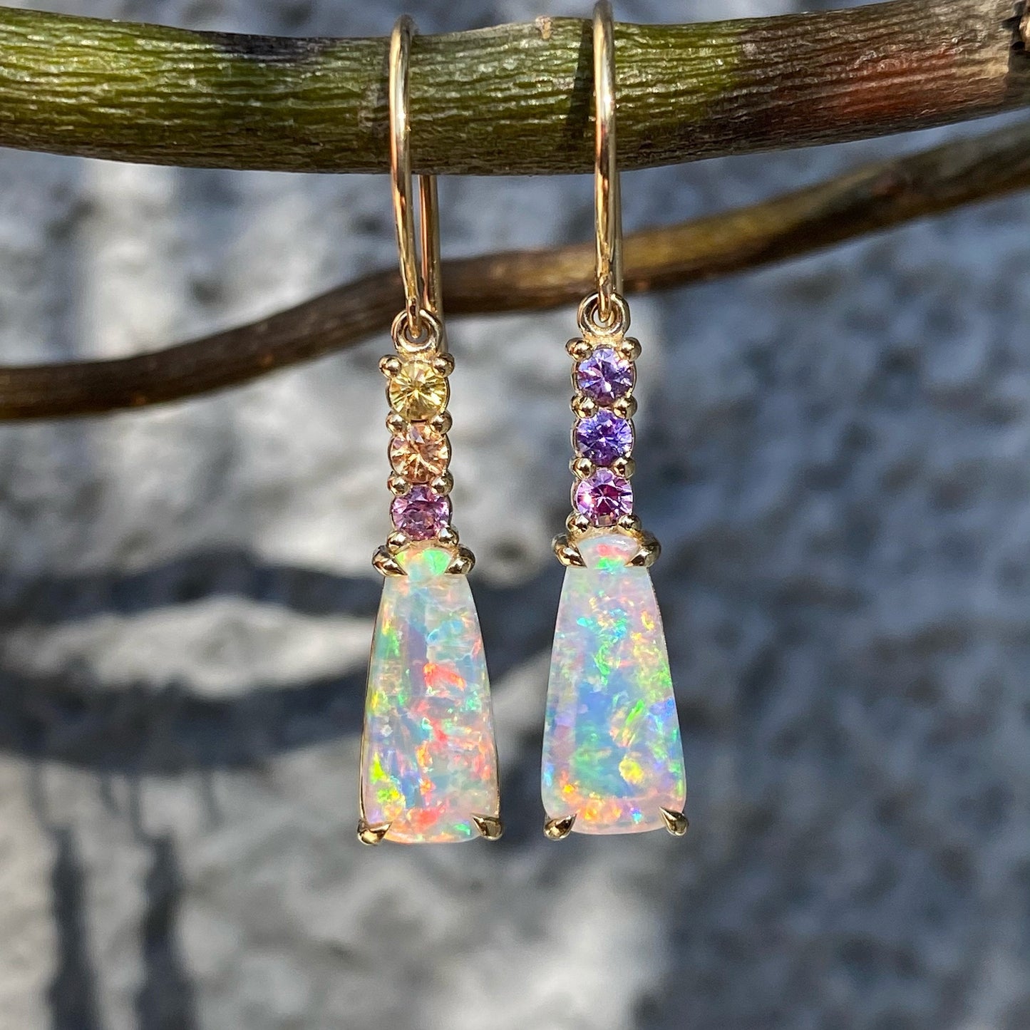 Felicity Sapphire and Crystal Pipe Opal Gold Drop Earrings by NIXIN Jewelry