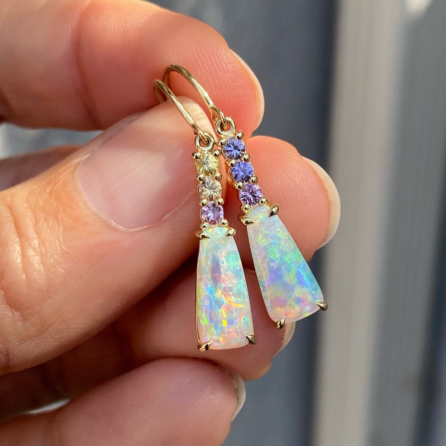 Felicity Sapphire and Crystal Pipe Opal Gold Drop Earrings by NIXIN Jewelry