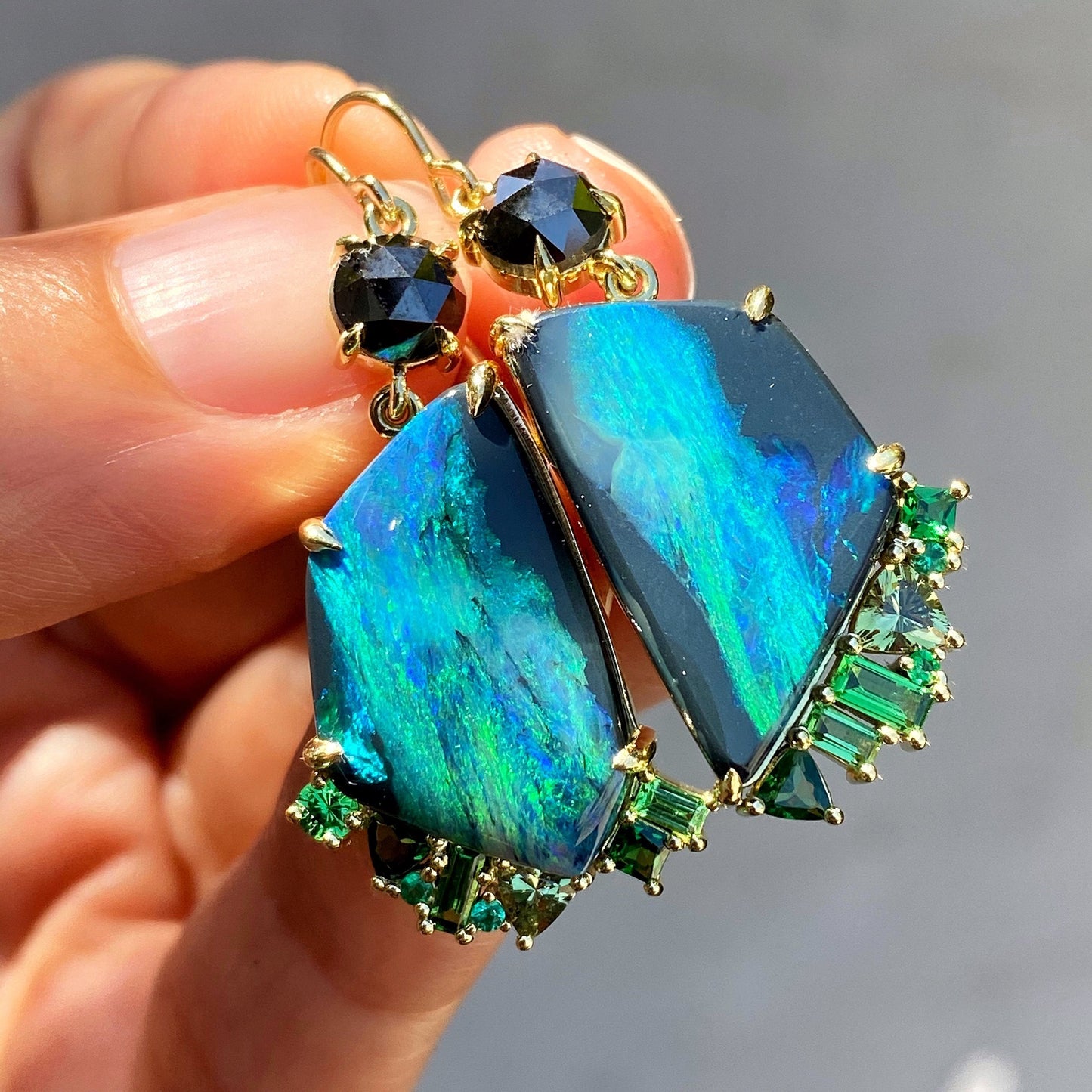 Hidden Valley Green Garnet Black Opal Earrings by NIXIN Jewlery