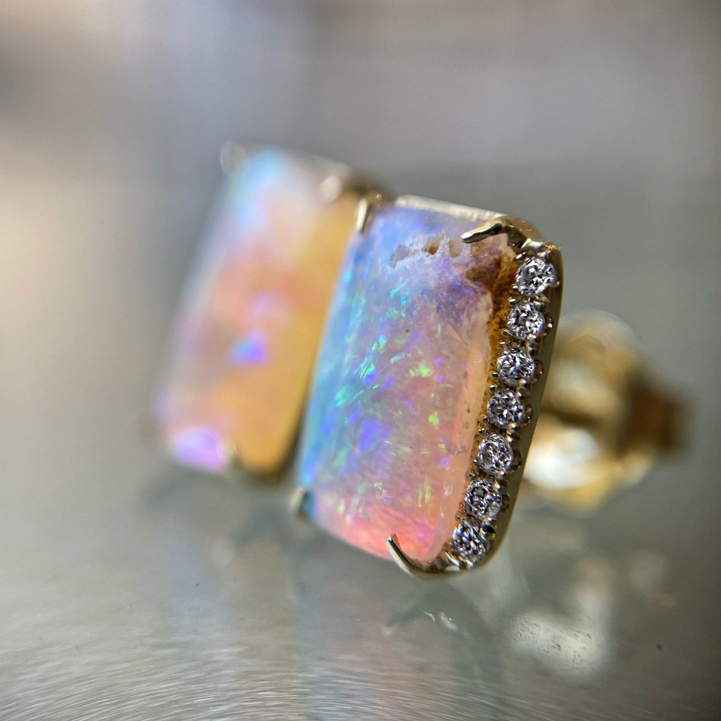 Gold opal earrings with crystal pipe opals by NIXIN Jewelry