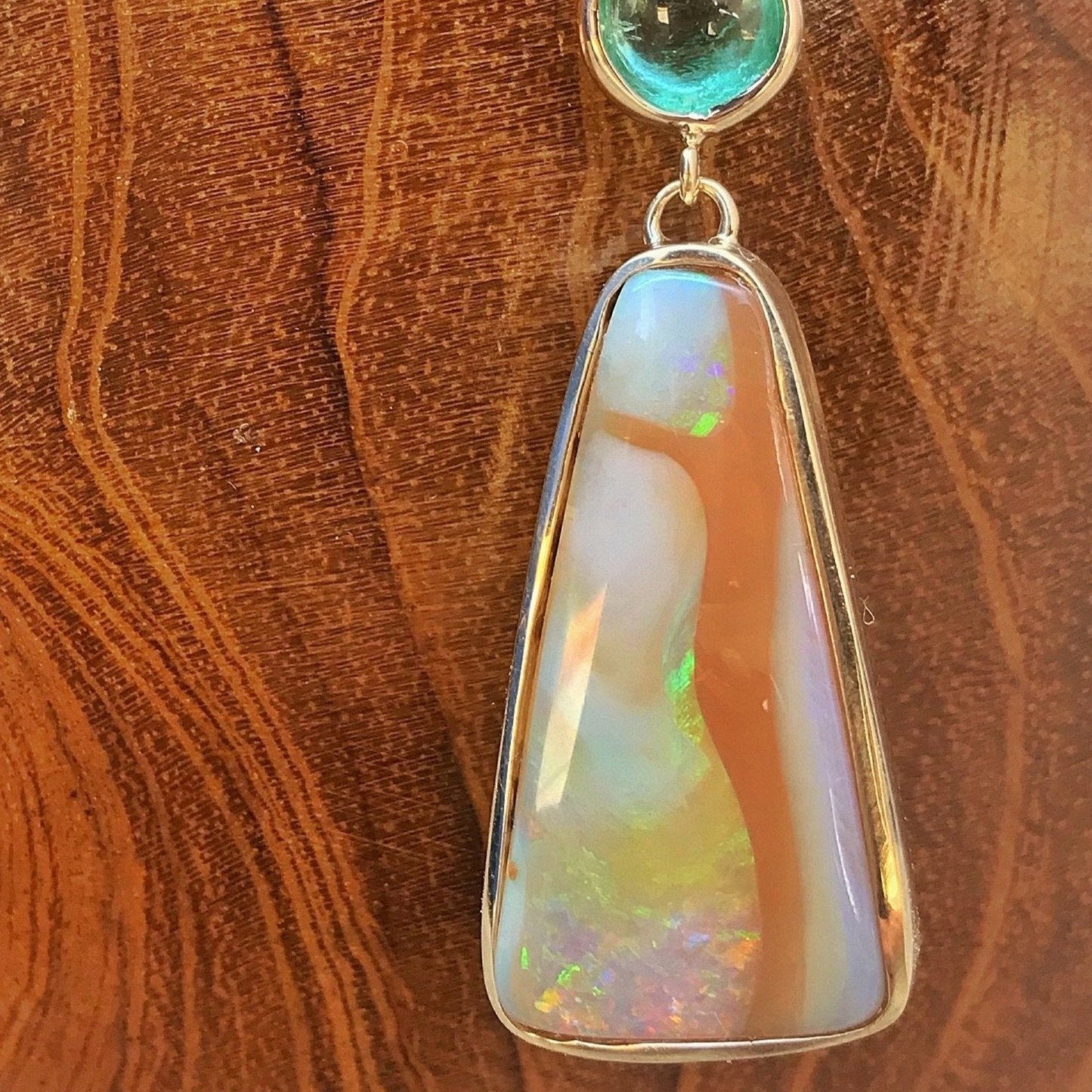 Fusion Muzo Colombian Emerald Opal Necklace on wooden bowl