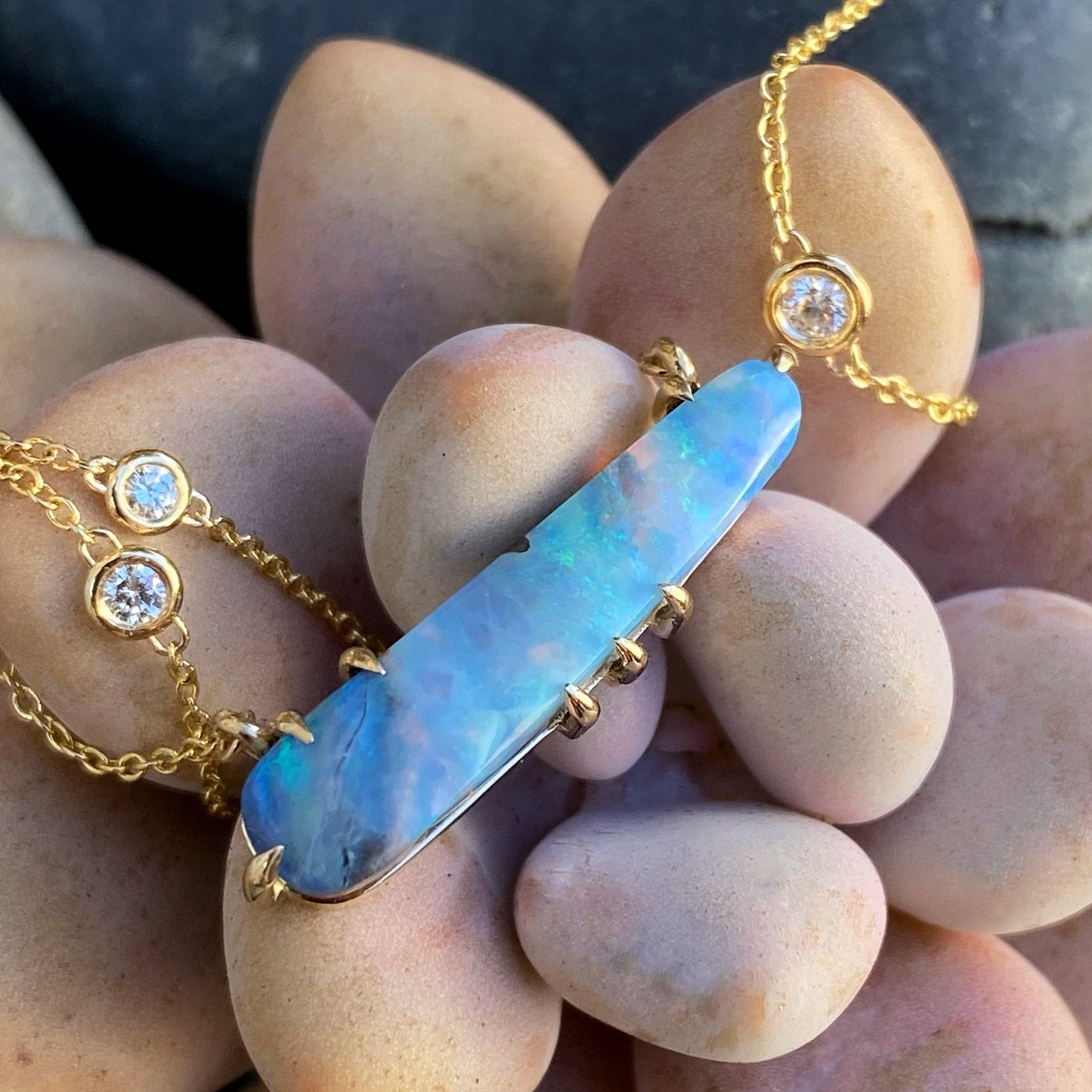 Winter Flurry Boulder Opal Diamond Station Necklace by NIXIN Jewelry