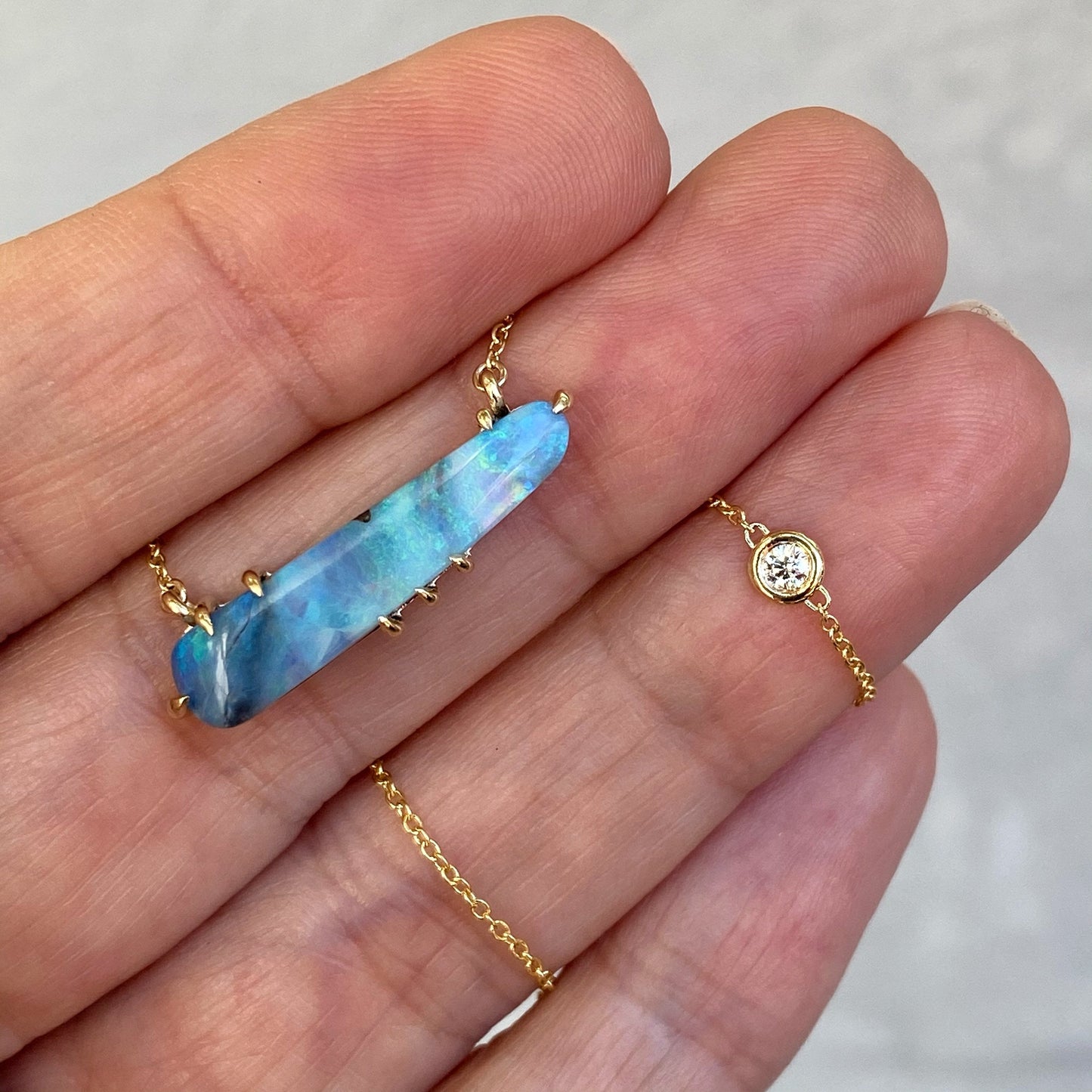 Winter Flurry Boulder Opal Diamond Station Necklace by NIXIN Jewelry
