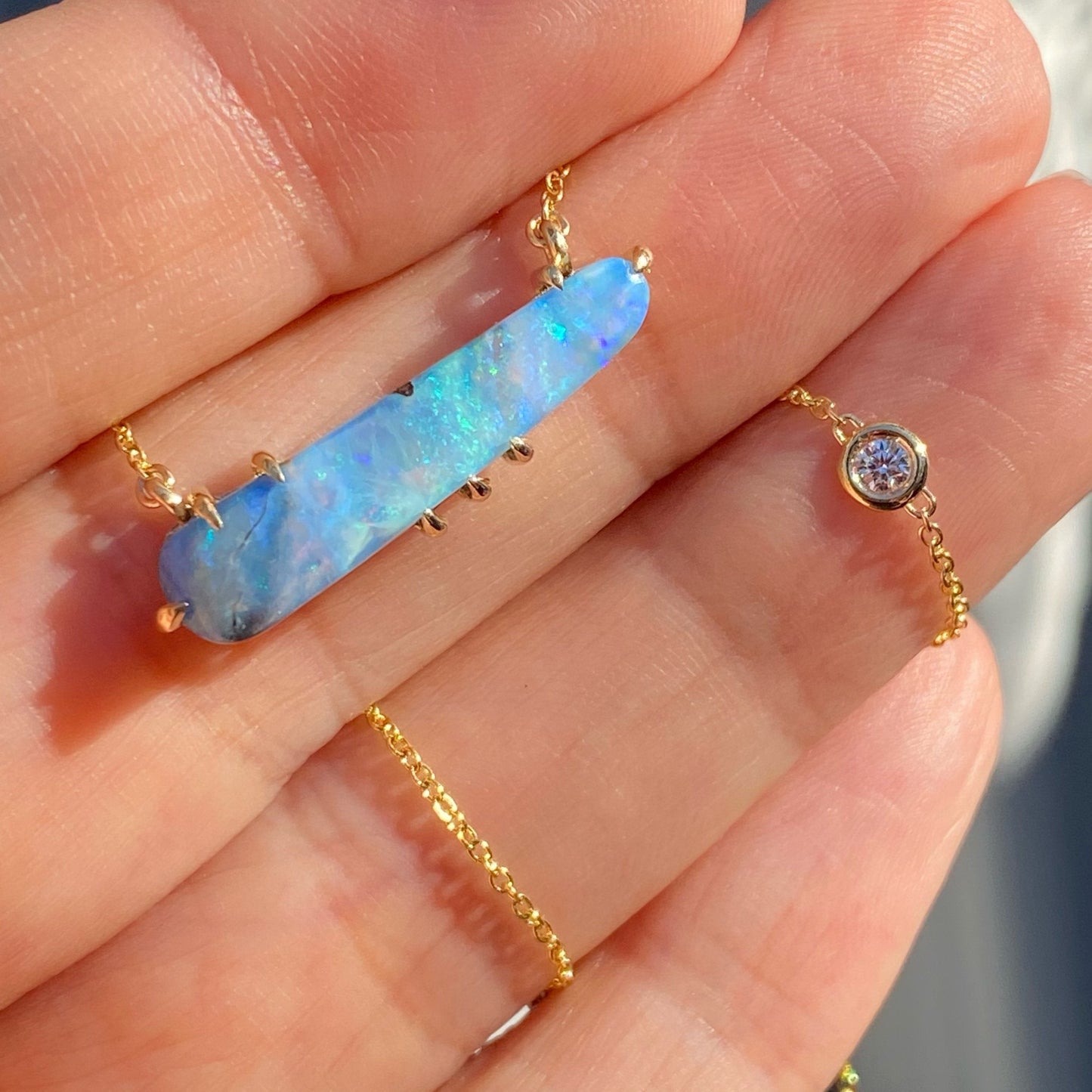 Winter Flurry Boulder Opal Diamond Station Necklace by NIXIN Jewelry
