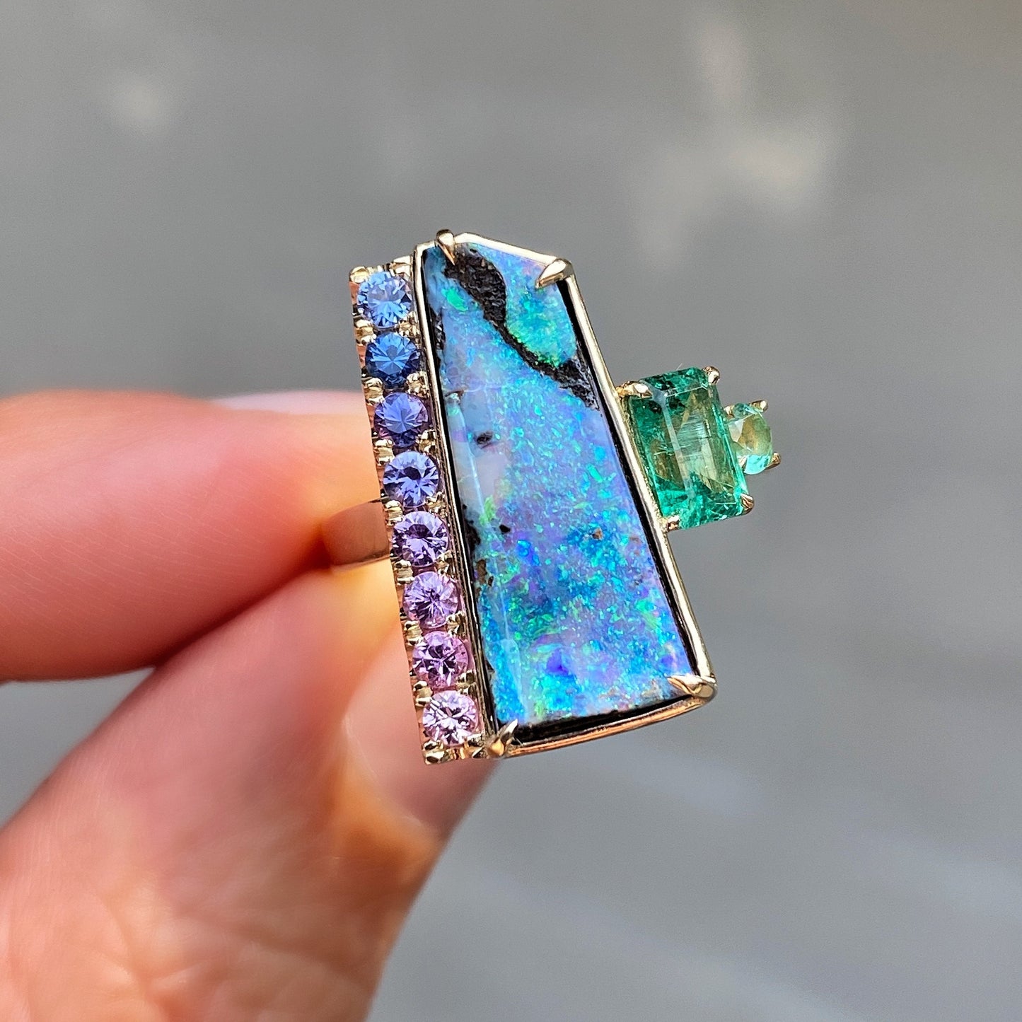 Mystic Waterfall Boulder Opal and Emerald Ring by NIXIN Jewelry