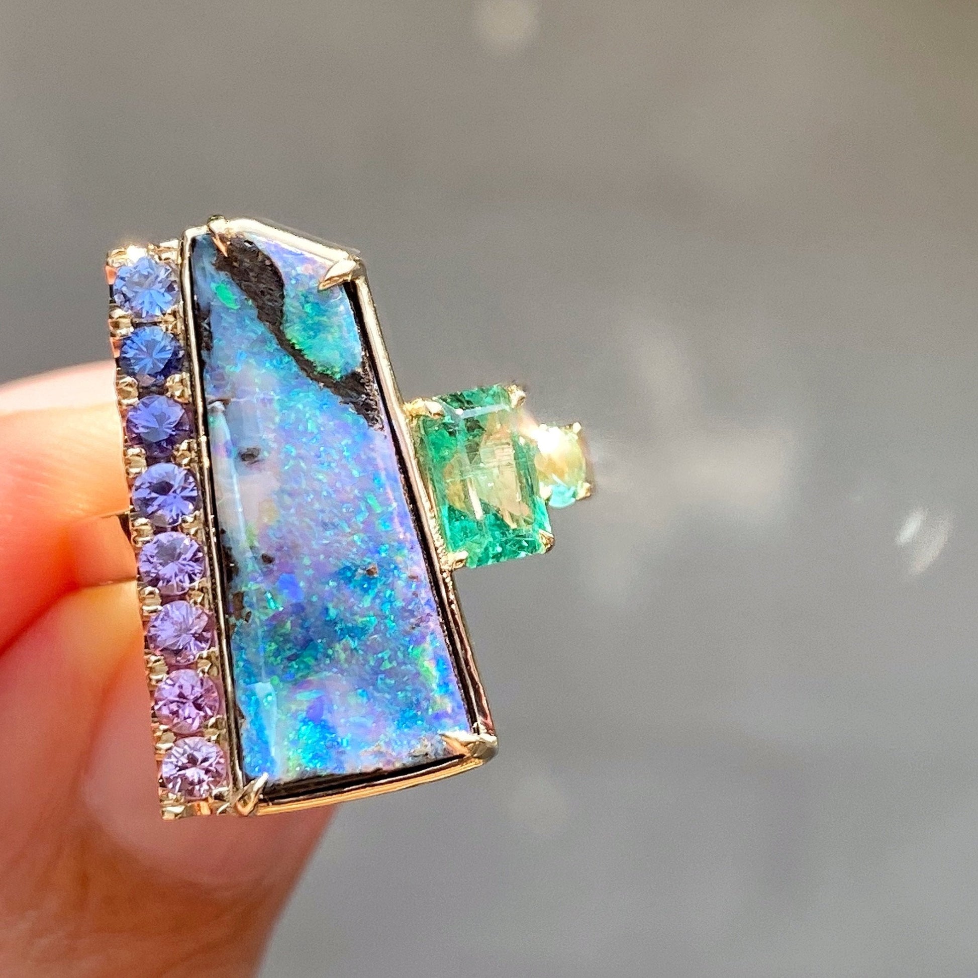 Mystic Waterfall Boulder Opal and Emerald Ring by NIXIN Jewelry