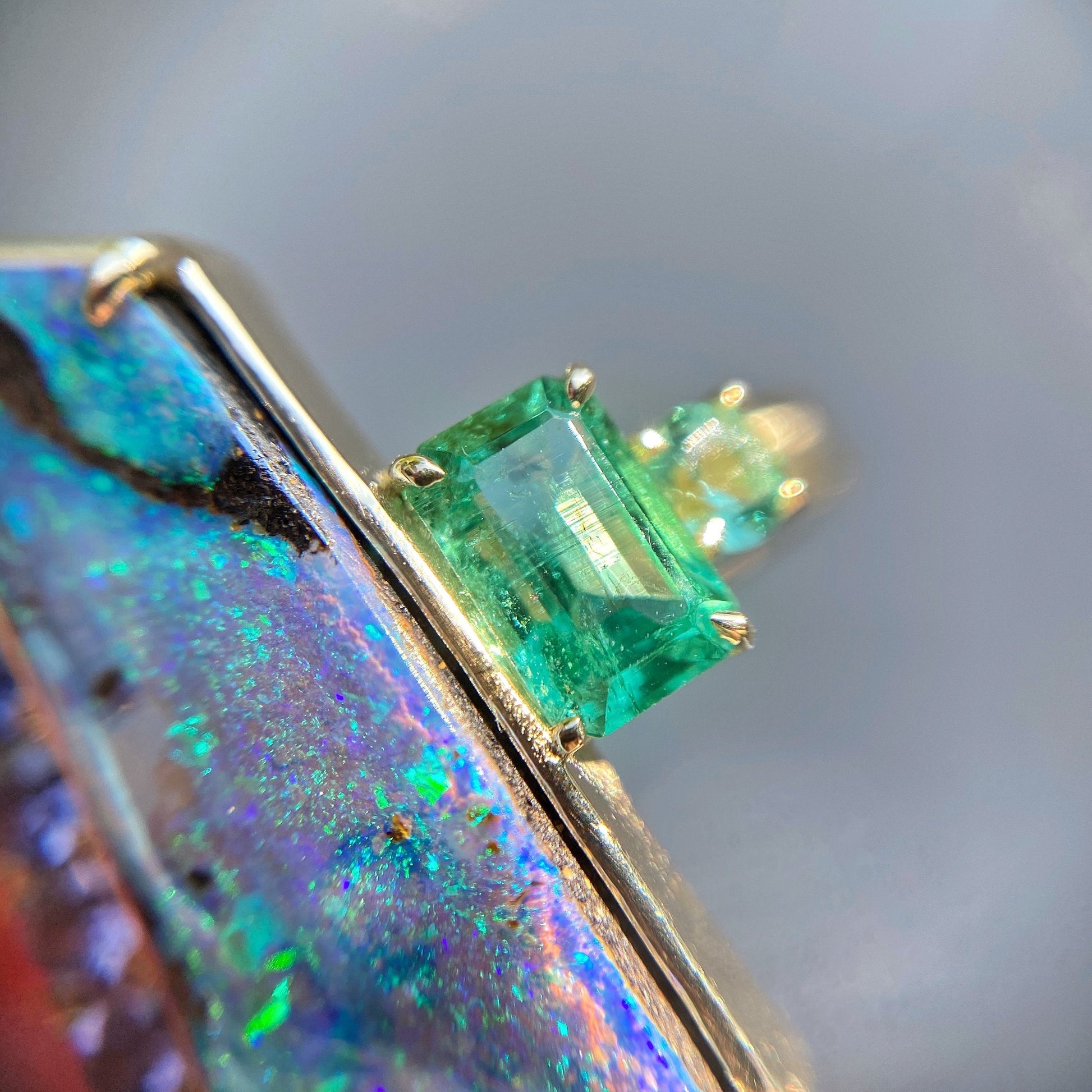 Mystic Waterfall Boulder Opal and Emerald Ring by NIXIN Jewelry