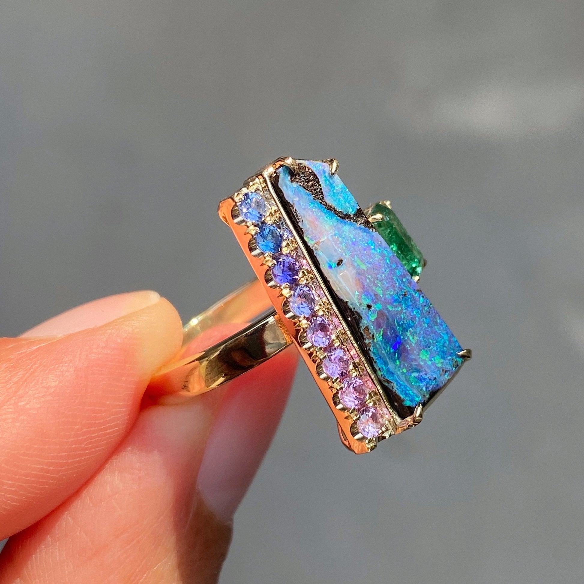 Mystic Waterfall Boulder Opal and Emerald Ring by NIXIN Jewelry