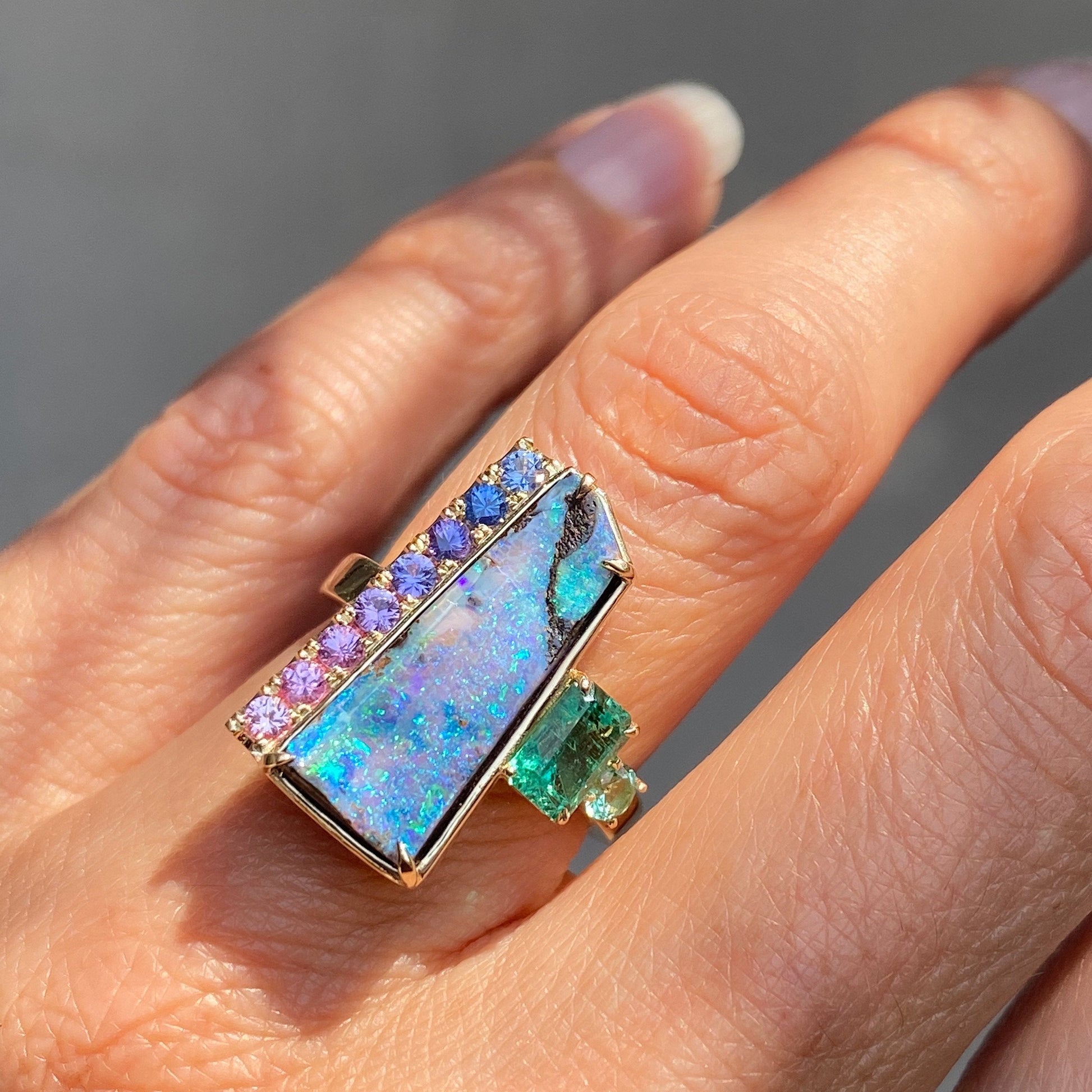 Mystic Waterfall Boulder Opal and Emerald Ring by NIXIN Jewelry
