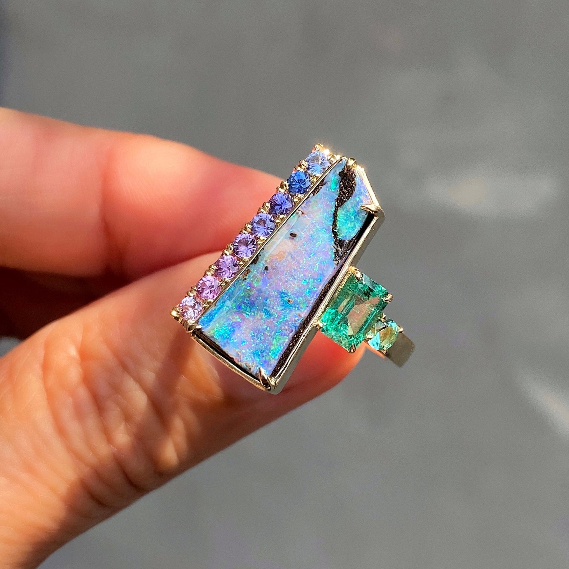 Mystic Waterfall Boulder Opal and Emerald Ring by NIXIN Jewelry