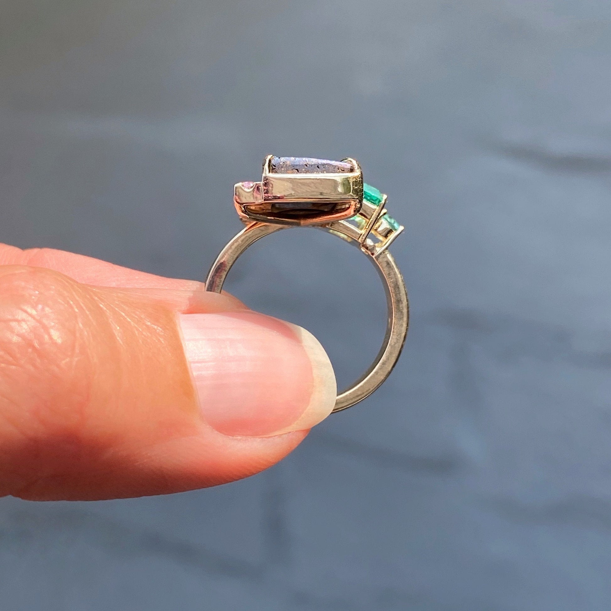 Mystic Waterfall Boulder Opal and Emerald Ring by NIXIN Jewelry