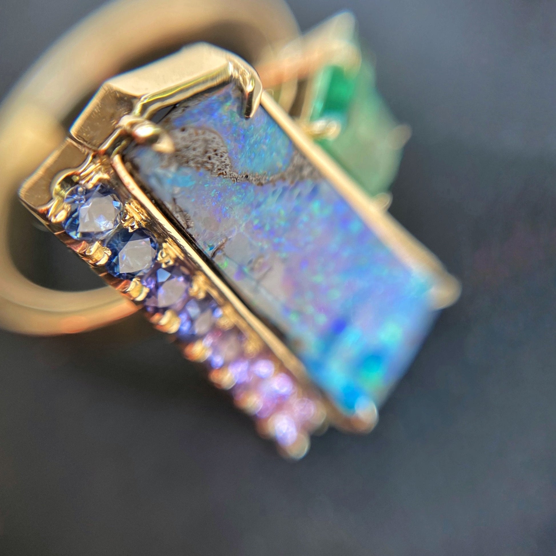 Mystic Waterfall Boulder Opal and Emerald Ring by NIXIN Jewelry