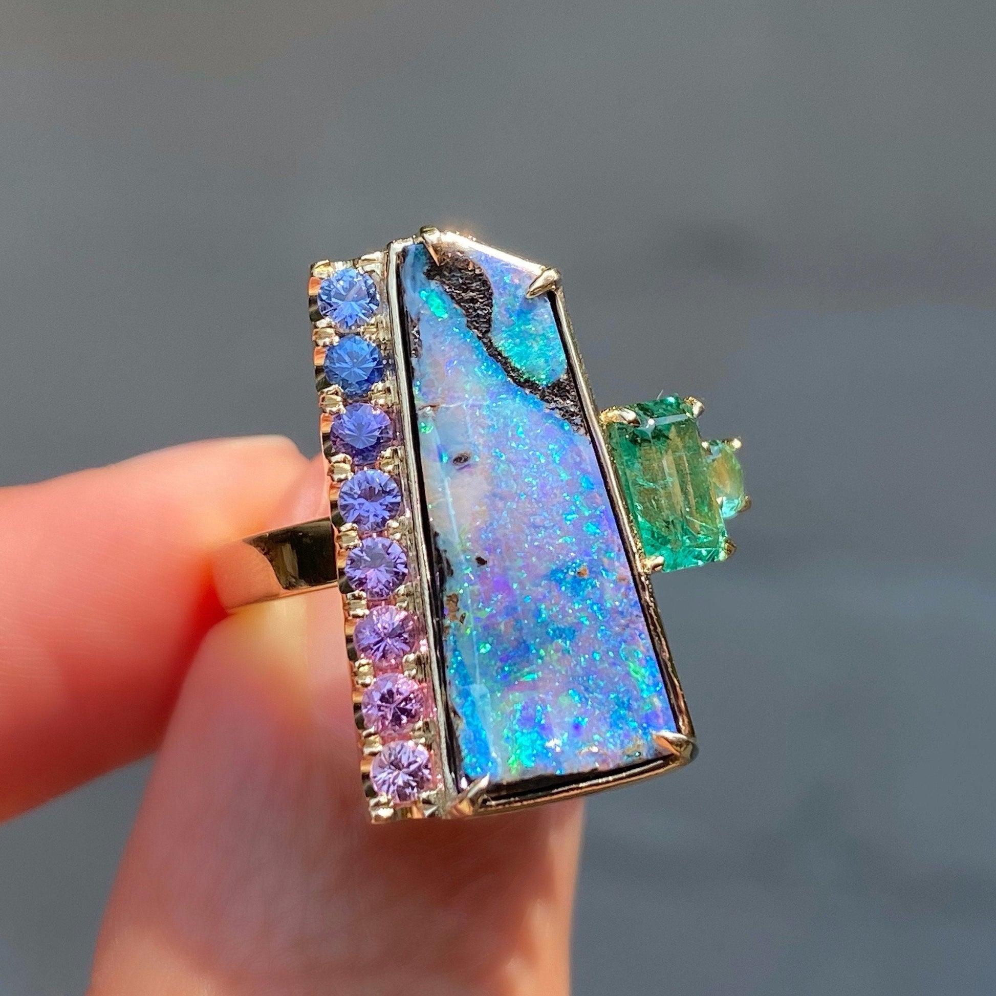 Mystic Waterfall Boulder Opal and Emerald Ring by NIXIN Jewelry