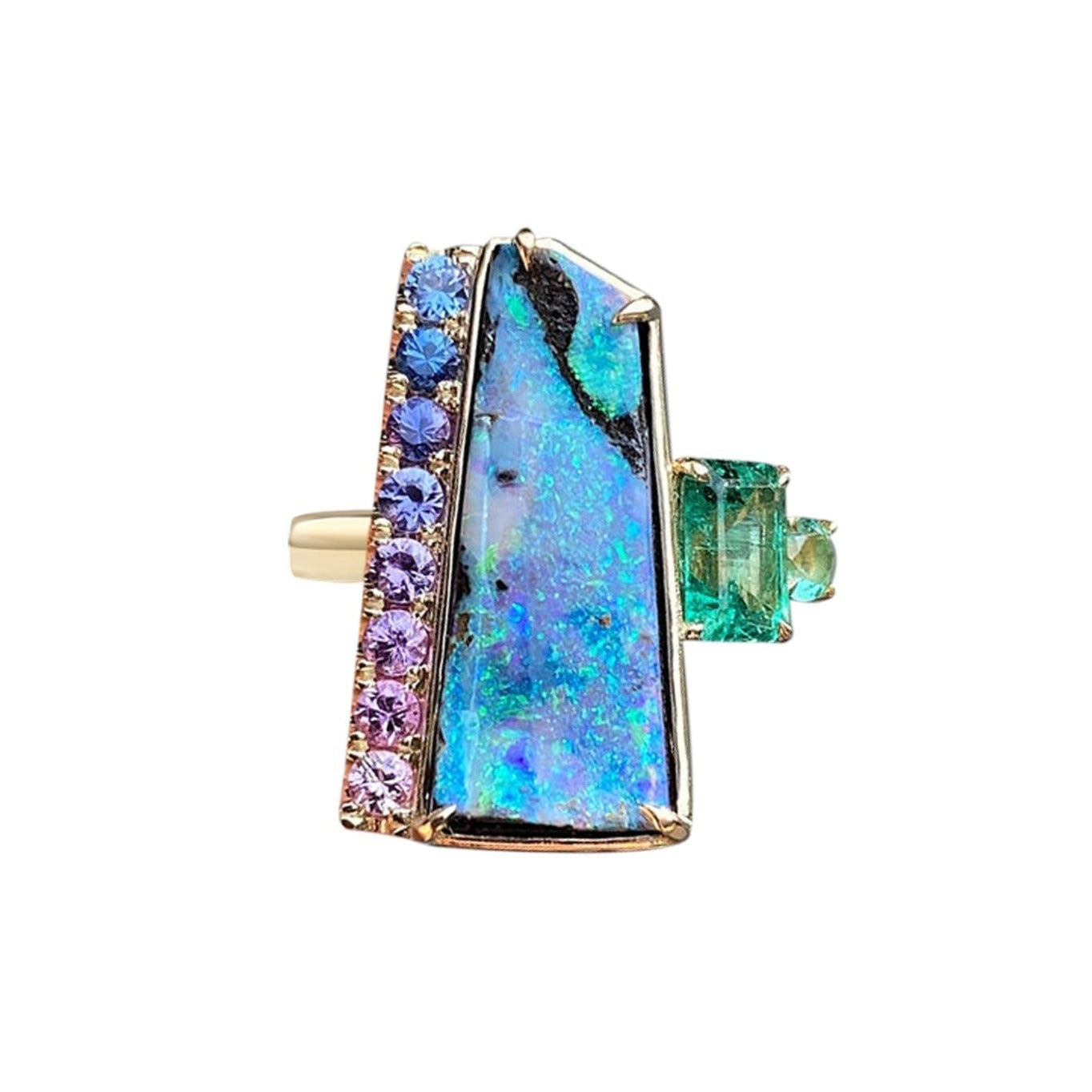 ring Mystic Waterfall Boulder Opal and Emerald Ring
