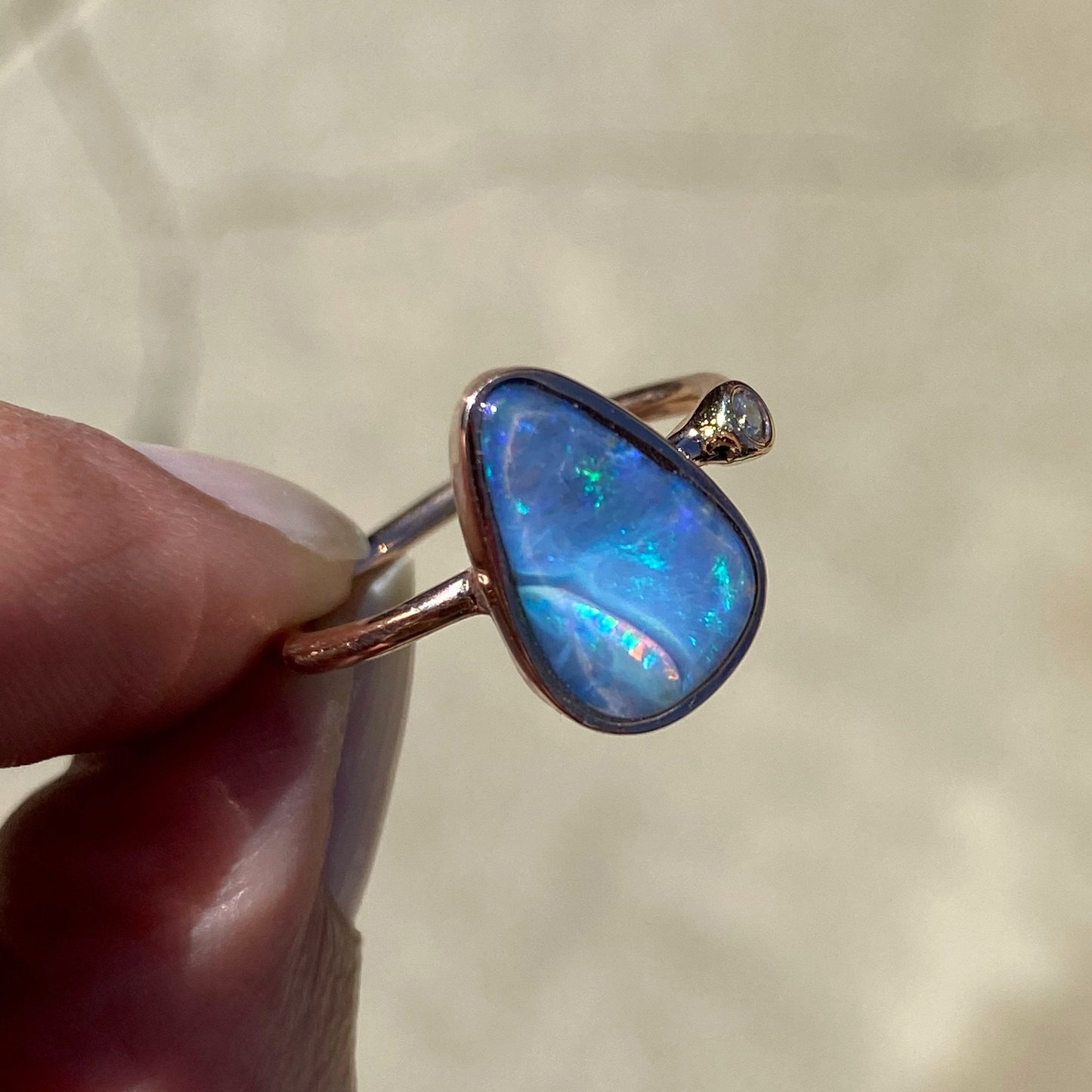 Rainbow River Dali Blue Boulder Opal and Diamond Rose Gold Ring by NIXIN Jewelry