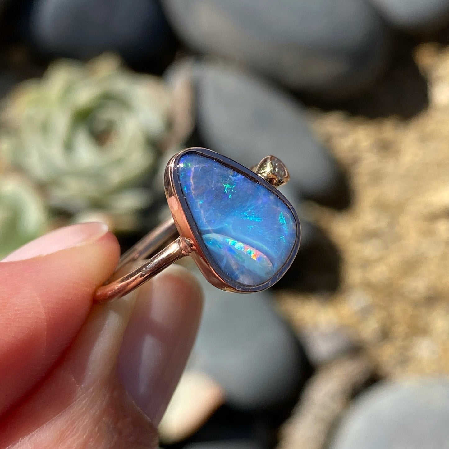 Rainbow River Dali Blue Boulder Opal and Diamond Rose Gold Ring by NIXIN Jewelry