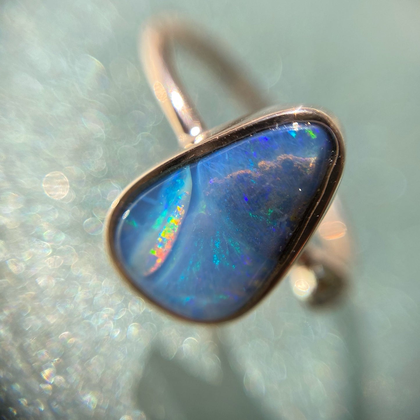 Rainbow River Dali Blue Boulder Opal and Diamond Rose Gold Ring by NIXIN Jewelry