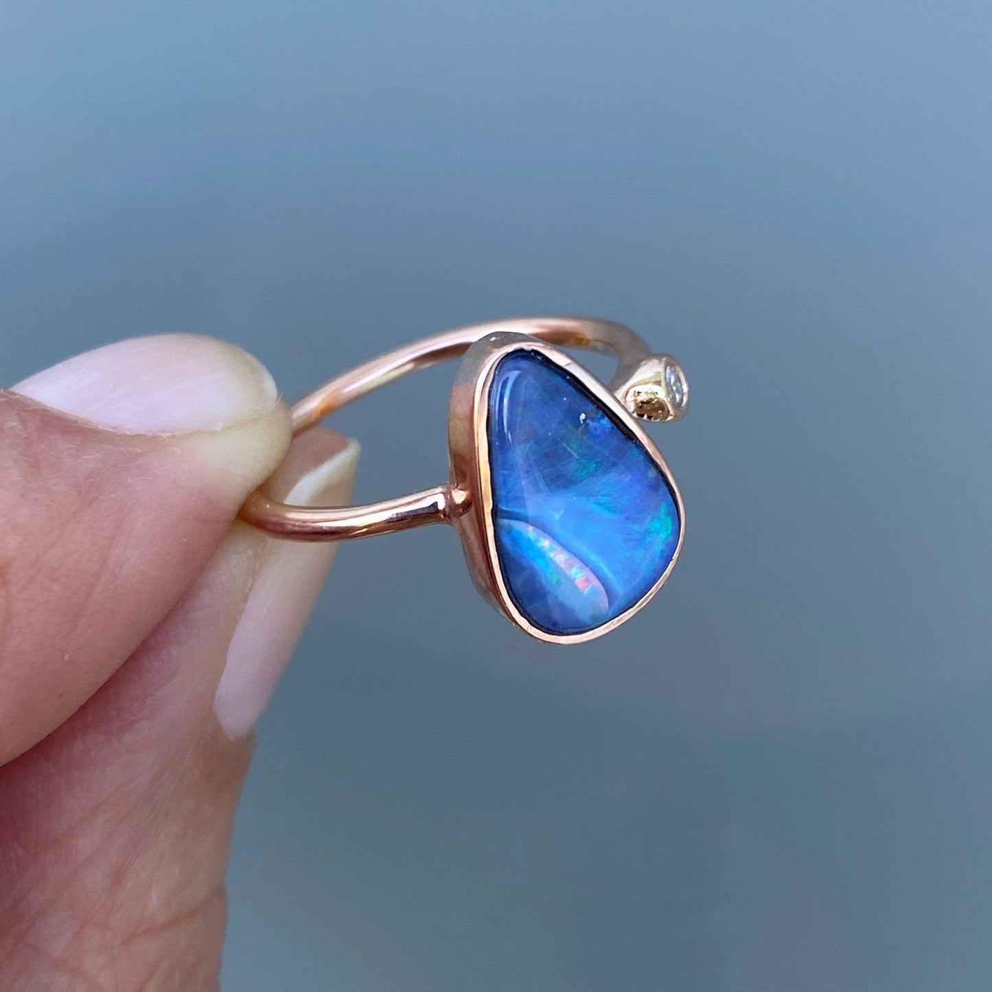 Rainbow River Dali Blue Boulder Opal and Diamond Rose Gold Ring by NIXIN Jewelry