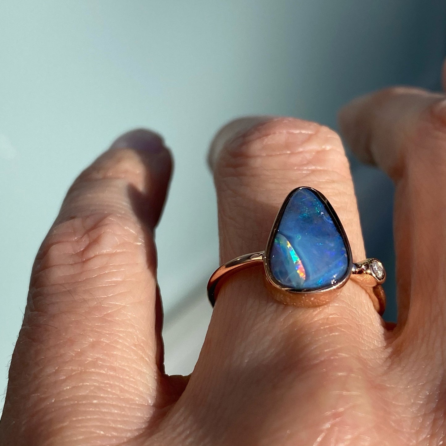 Rainbow River Dali Blue Boulder Opal and Diamond Rose Gold Ring by NIXIN Jewelry