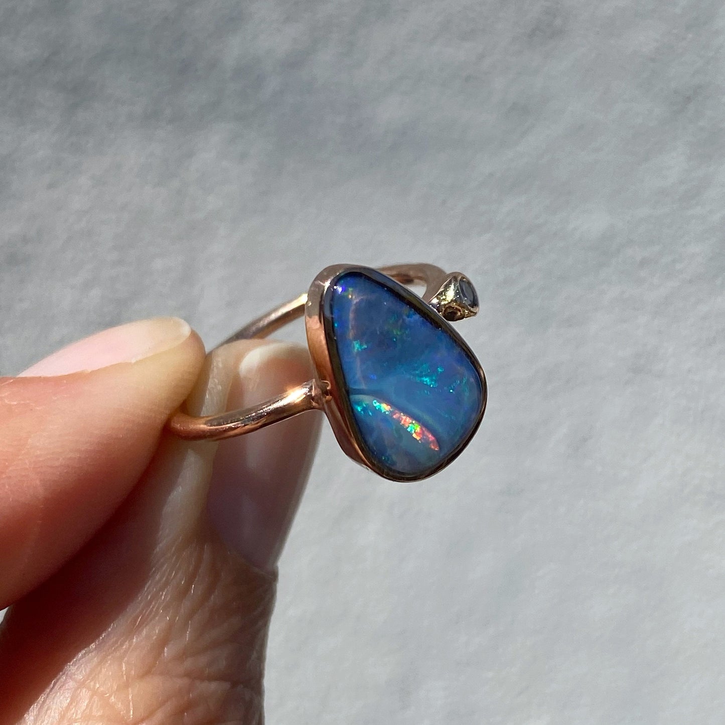 Rainbow River Dali Blue Boulder Opal and Diamond Rose Gold Ring by NIXIN Jewelry