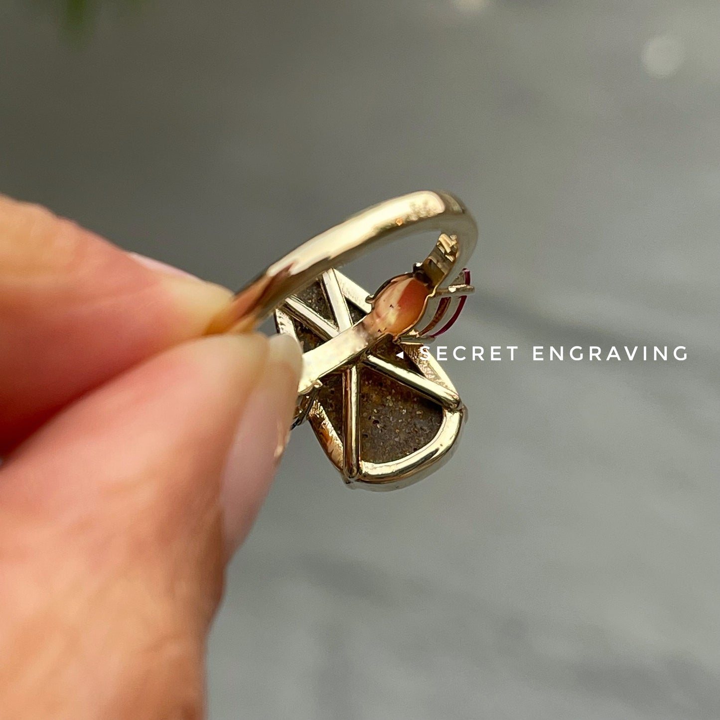 Back of Ring showing mounting style and locationf of secret message engraving - NIXIN Jewelry