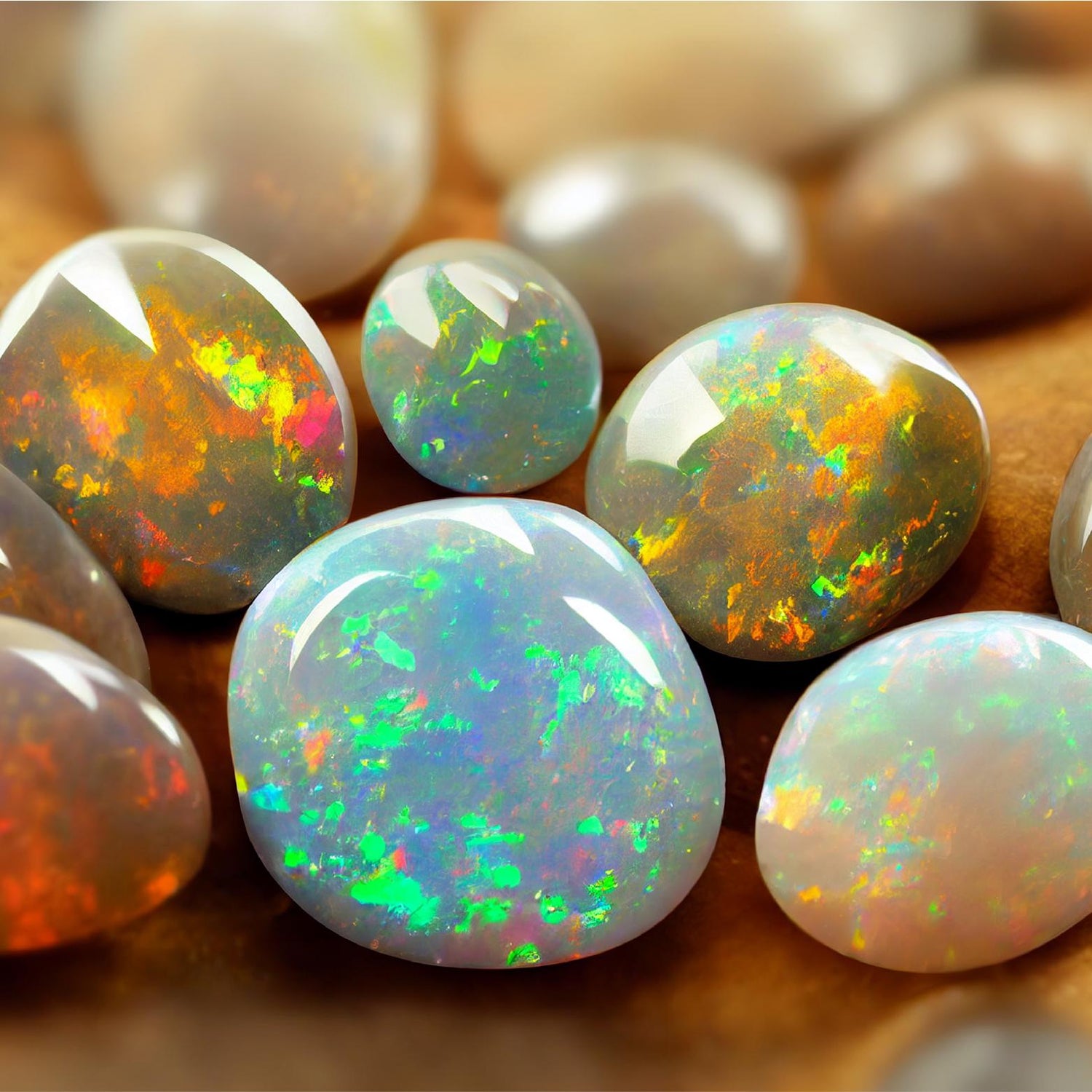 A collection of Ethiopian Opals sitting on a table.