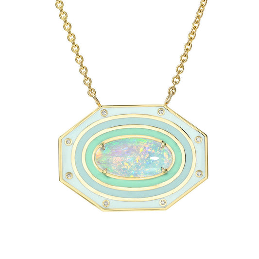 An Australian Opal Necklace by NIXIN Jewelry. The unique opal necklace is 14k gold with diamonds.