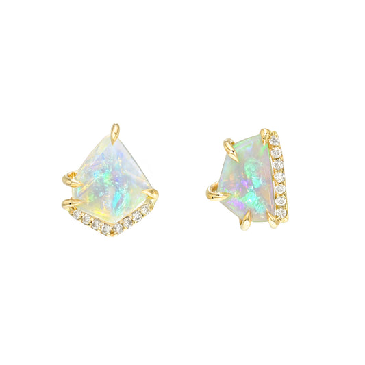 Australian Opal Earrings by NIXIN Jewelry are presented on a white studio background, displaying mismatched opal stud earrings. These luxury designer earrings are a fusion of jewelry art and geometry, featuring irregular-cut natural crystal opals and brilliant-cut diamond accents set in solid 14k gold.