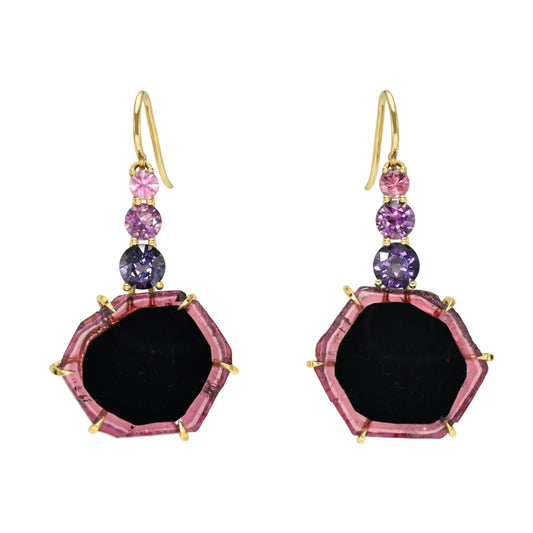 Eclipsed Tourmaline Drop Earrings by NIXIN Jewelry. Black and pink tourmaline slices in 14k gold claws below a pink sapphire and spinels.