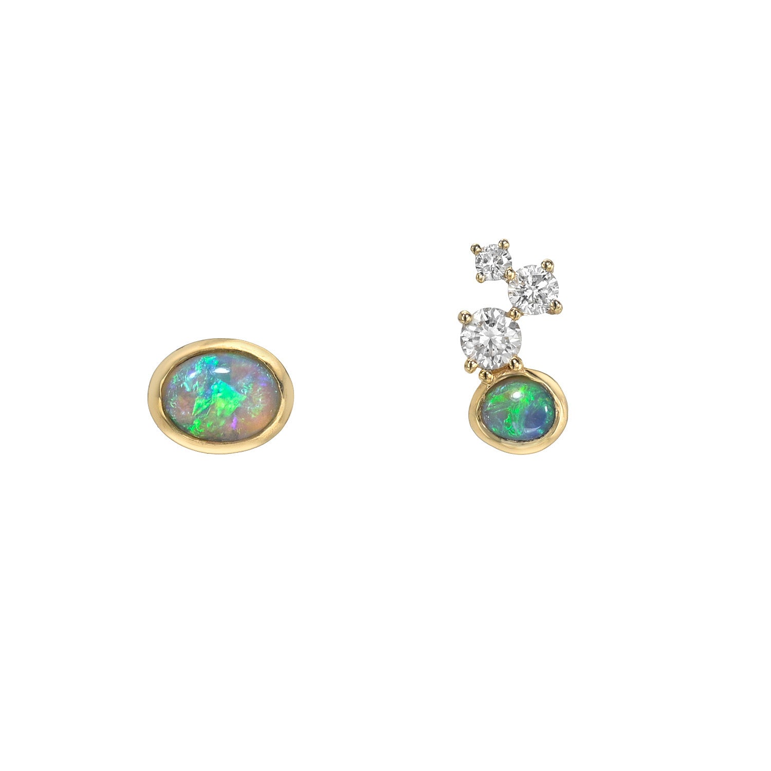 Australian Opal Earrings by NIXIN Jewelry. These unique opal earrings are 14k gold mismatched earrings featuring black crystal opals and opal diamond accents. Shop this luxury jewelry collection of opal studs and unique fine jewelry for sale.