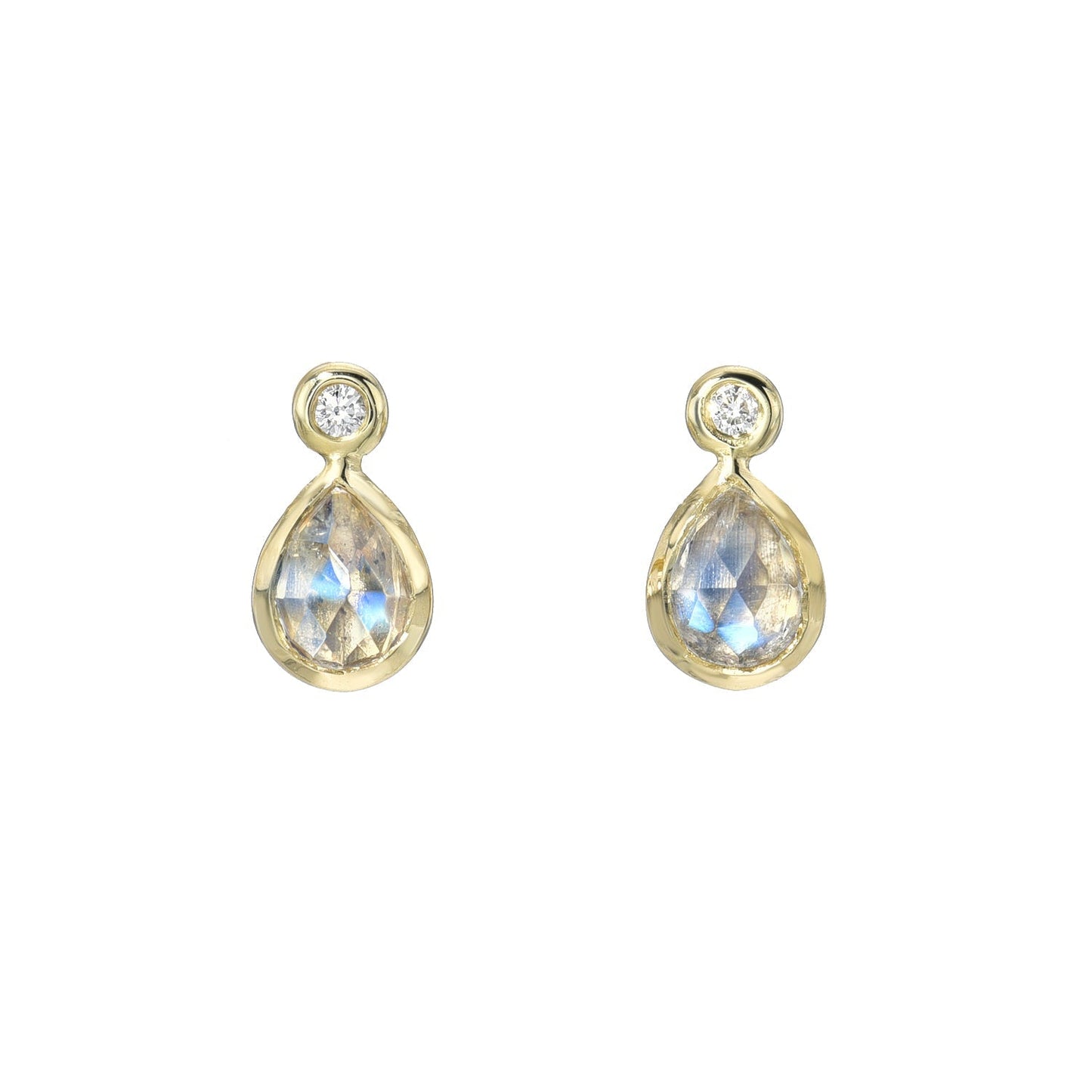 Moonstone Earrings by NIXIN Jewelry in front of a white background. Made in 14k gold with blue moonstone and tiny diamonds.
