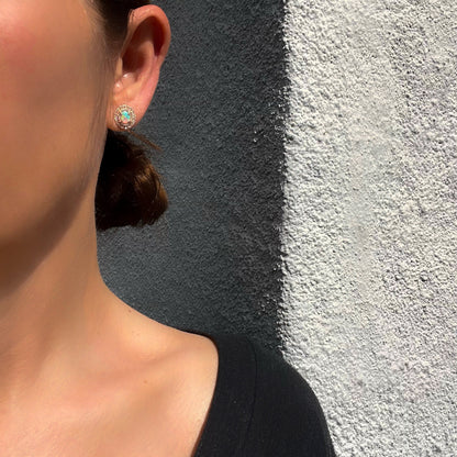 Model wearing Australian Opal Earrings by NIXIN Jewelry to show scale.