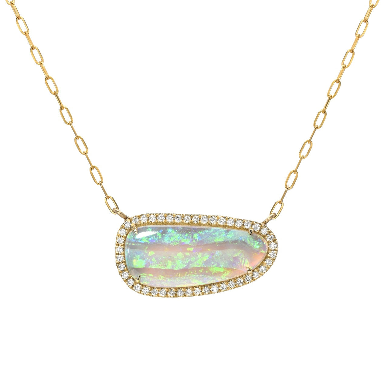 An Australian Opal Necklace by NIXIN Jewelry with an opal and diamonds set in 14k gold. A gold opal necklace.