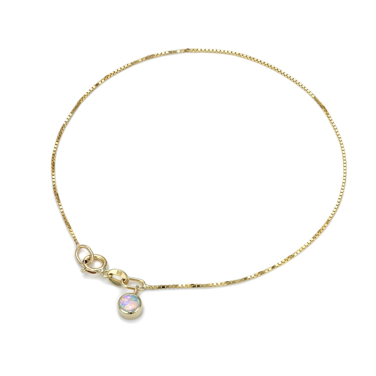 An Australian Opal Bracelet by NIXIN Jewelry against a white background. The dainty gold bracelet suspends a Crystal Opal charm.